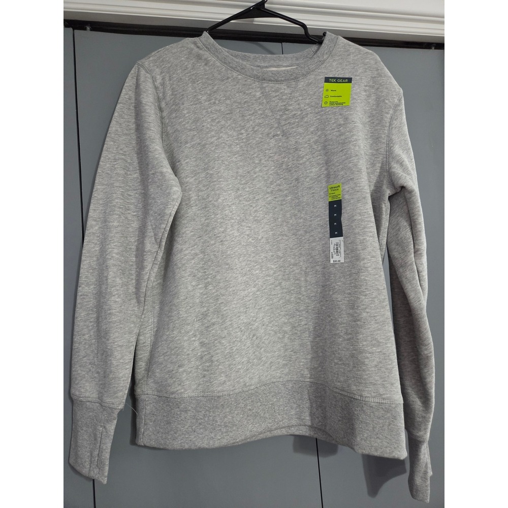 NWT Tek Gear Ultrasoft Fleece Crewneck Sweatshirt Size M Gray Thumbhole Cuffs
